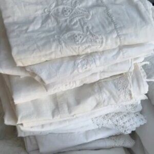 Antique white linen Hand Made Crochet trim King PAIR 2 pillow cases 1900s